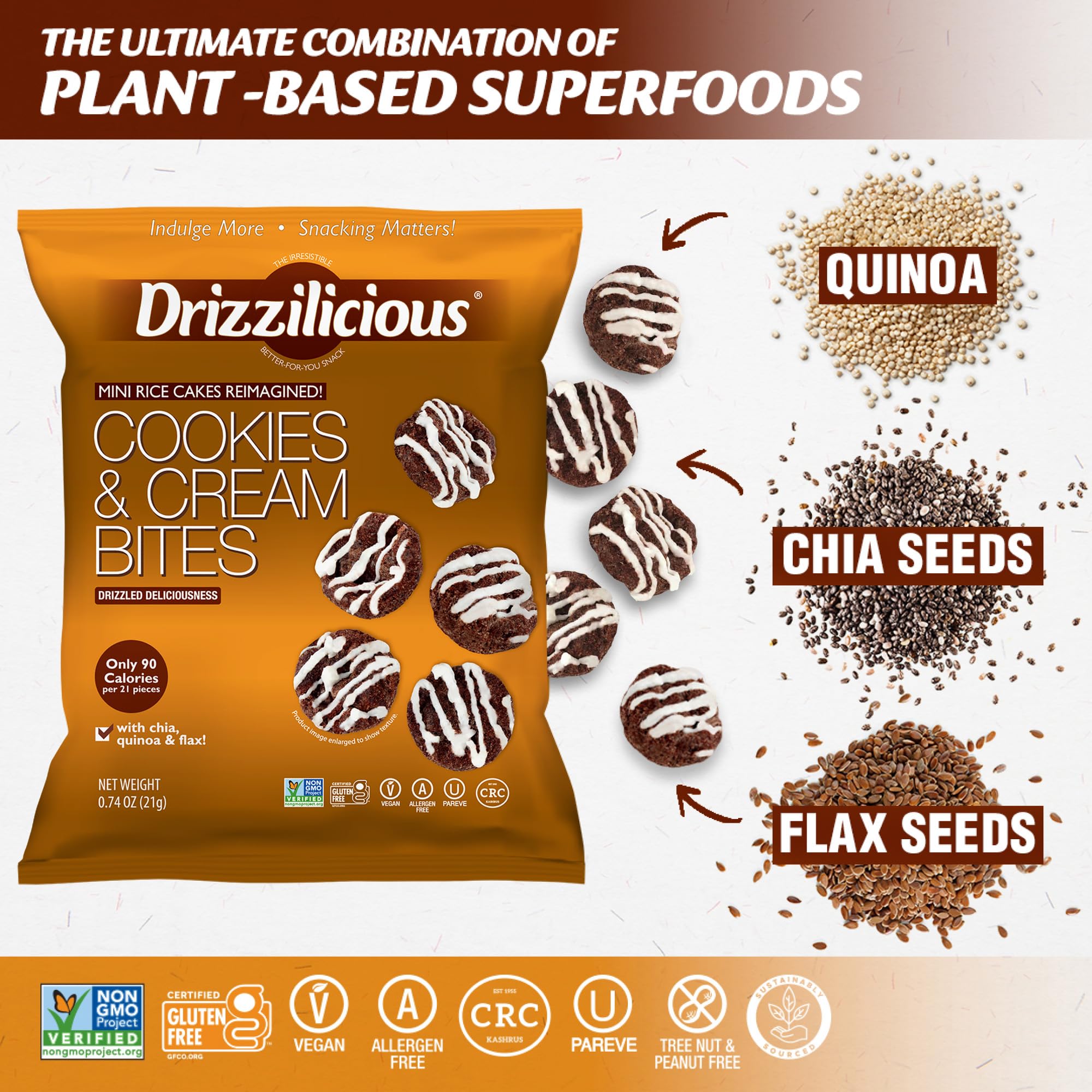 Gluten-free, non-GMO, vegan Drizzilicious mini rice cakes packaging.