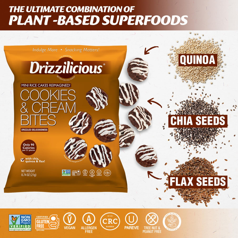 Gluten-free, non-GMO, vegan Drizzilicious mini rice cakes packaging.