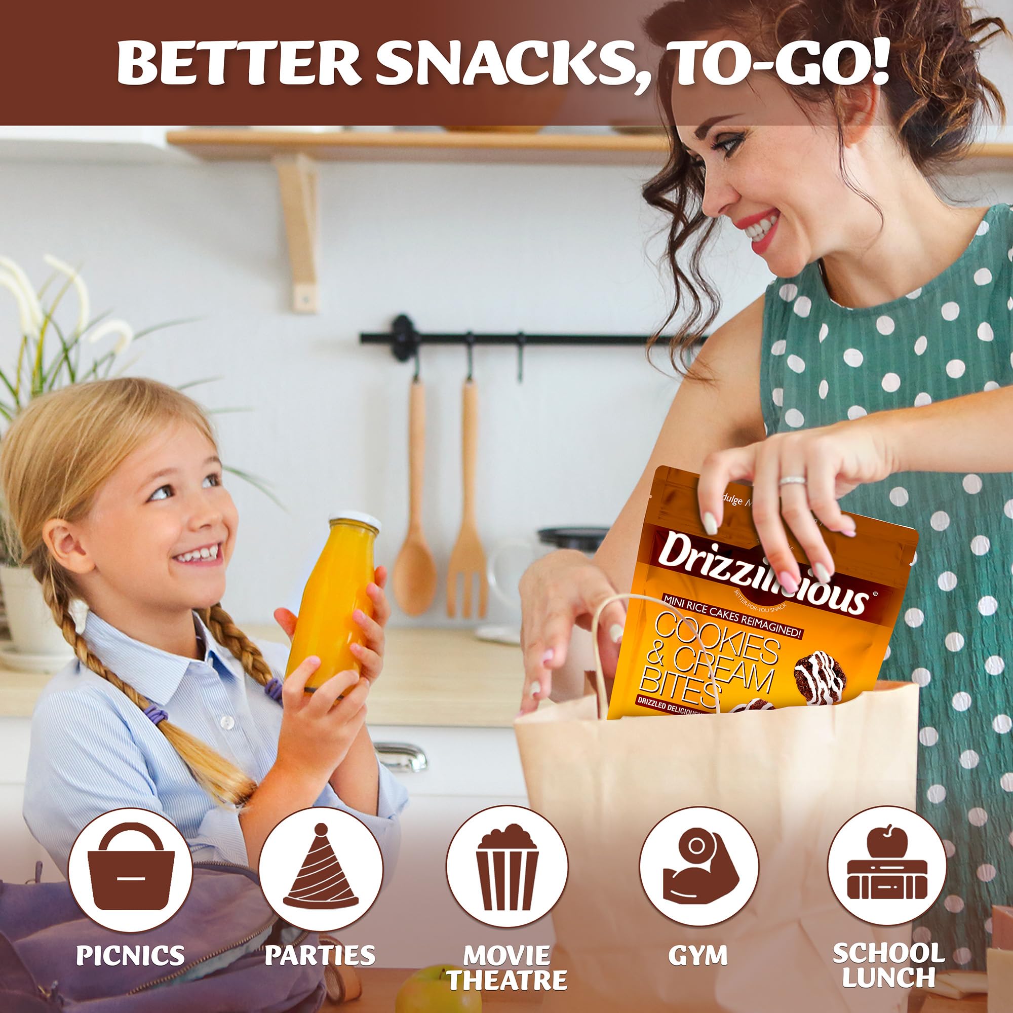 Pack of 10 Drizzilicious mini rice cakes for convenient sharing.
