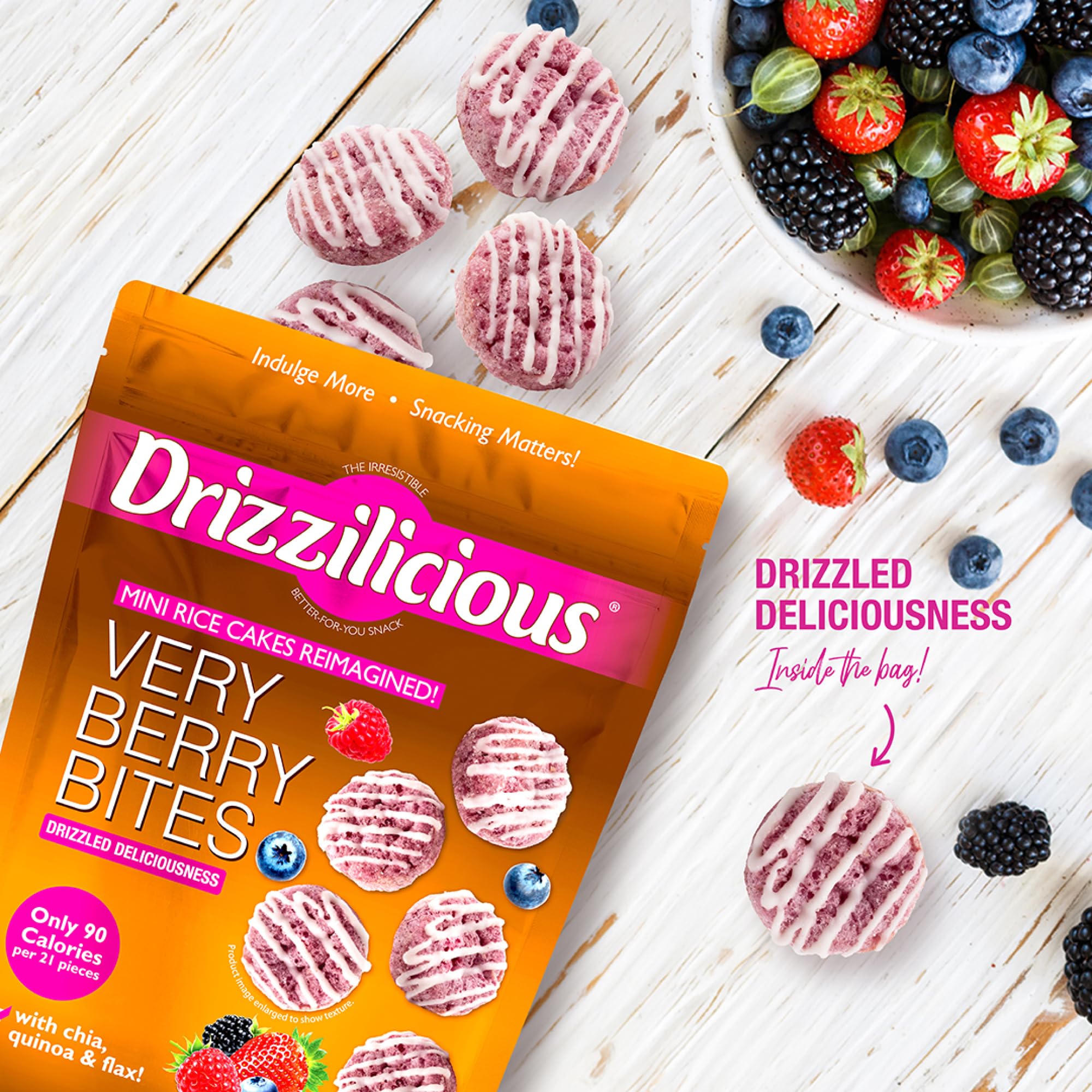 Drizzilicious Very Berry mini rice cakes bite-size — perfect on the go