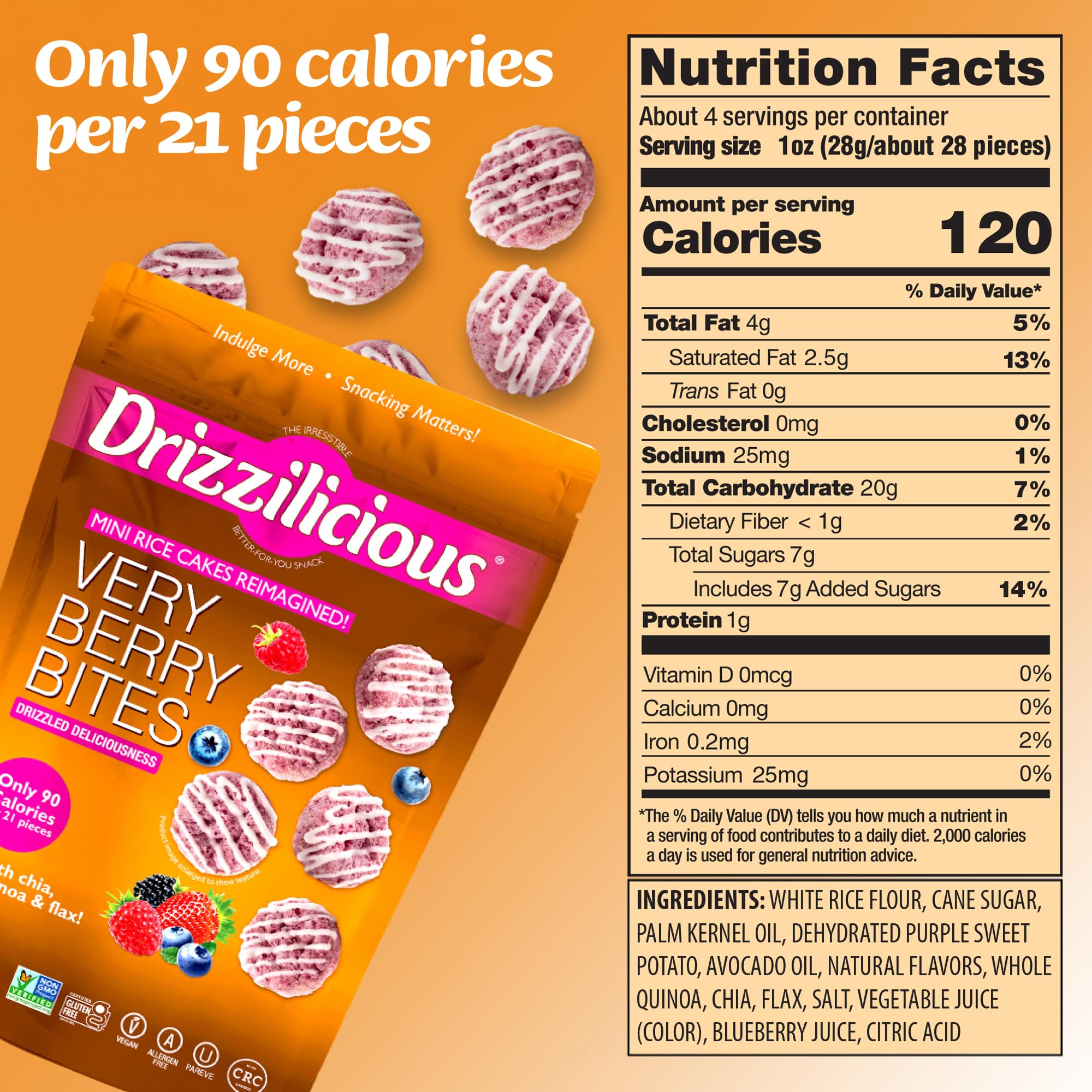 Drizzilicious Very Berry mini rice cakes closeup — crisp texture and berry flavor