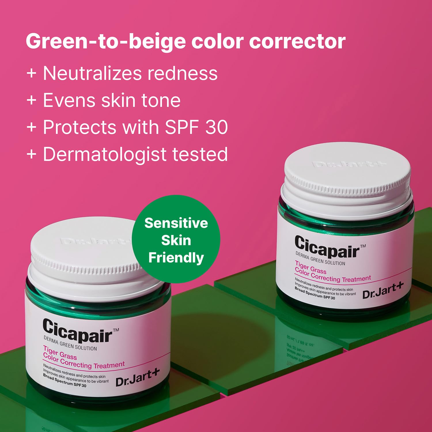 Green-to-beige Cicapair CC Cream swatch blending on skin