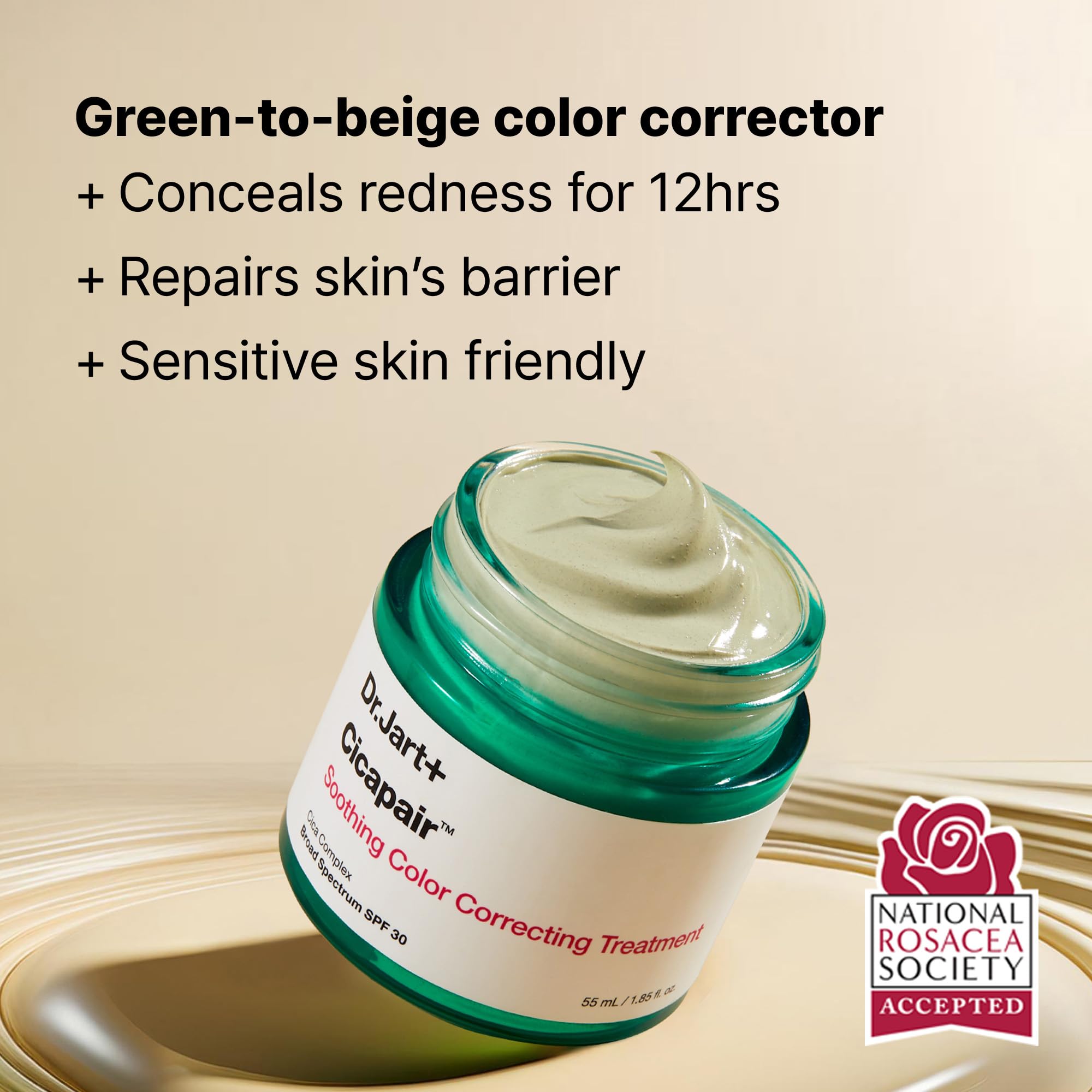 Dr.Jart+ Cicapair green-to-beige swirl illustrating color correction.