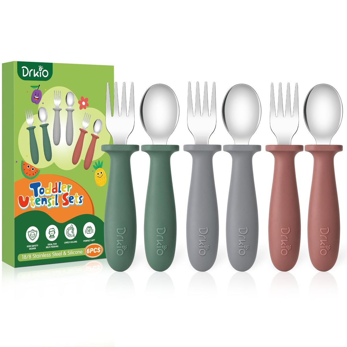 DRKIO 6-piece toddler utensils set arranged for independent self-feeding
