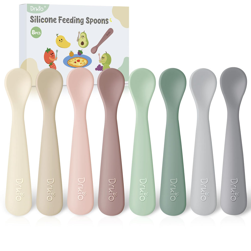 DRKIO 8-piece silicone baby spoons with soft-tip for teething-friendly self-feeding.