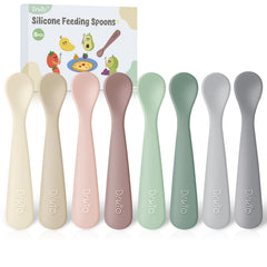 DRKIO 8-piece silicone baby spoons with soft-tip for teething-friendly self-feeding.