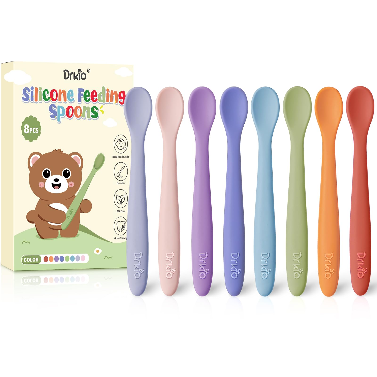 DRKIO 8-piece silicone baby spoons set in vibrant colors for engaging self-feeding moments.