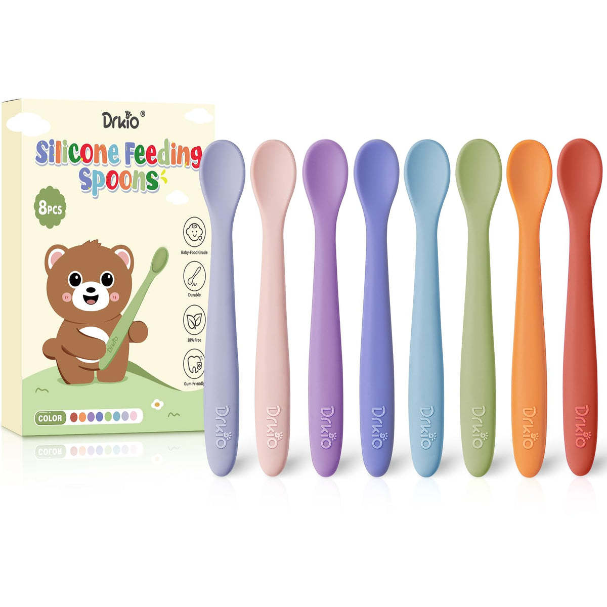 DRKIO 8-piece silicone baby spoons set in vibrant colors for engaging self-feeding moments.