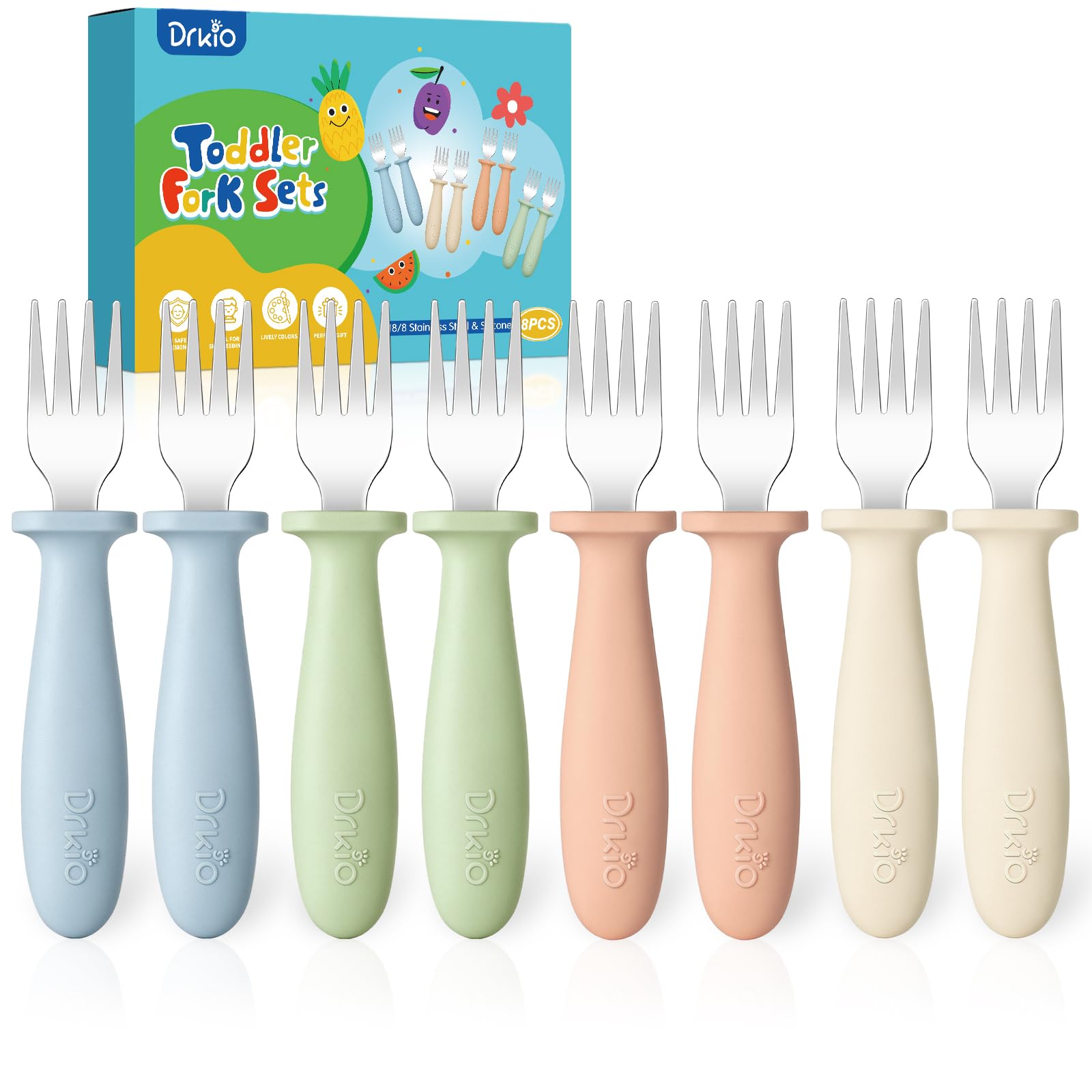DRKIO 8-piece toddler forks set in four gentle colors designed for easy self-feeding