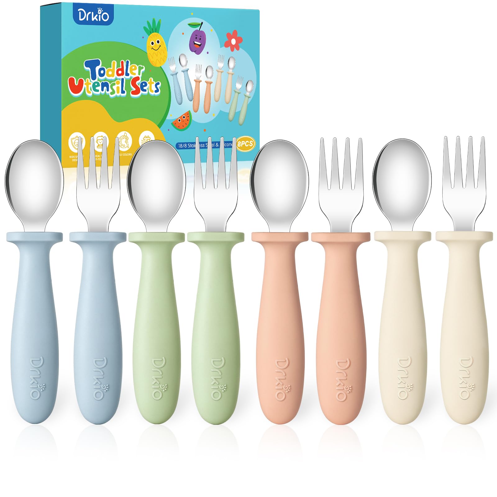 DRKIO 8-piece toddler utensils set with colorful handles for easy self-feeding.
