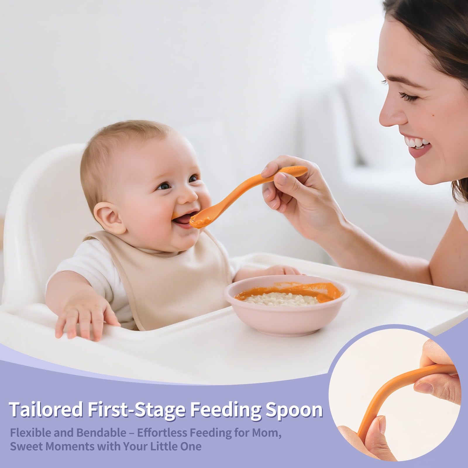 DRKIO bendable-angle spoon shows feeding flexibility from any side.