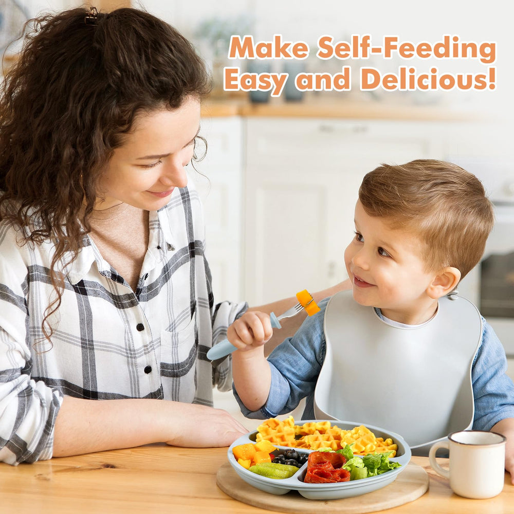 DRKIO dishwasher-safe toddler utensils for easy cleaning after meals.