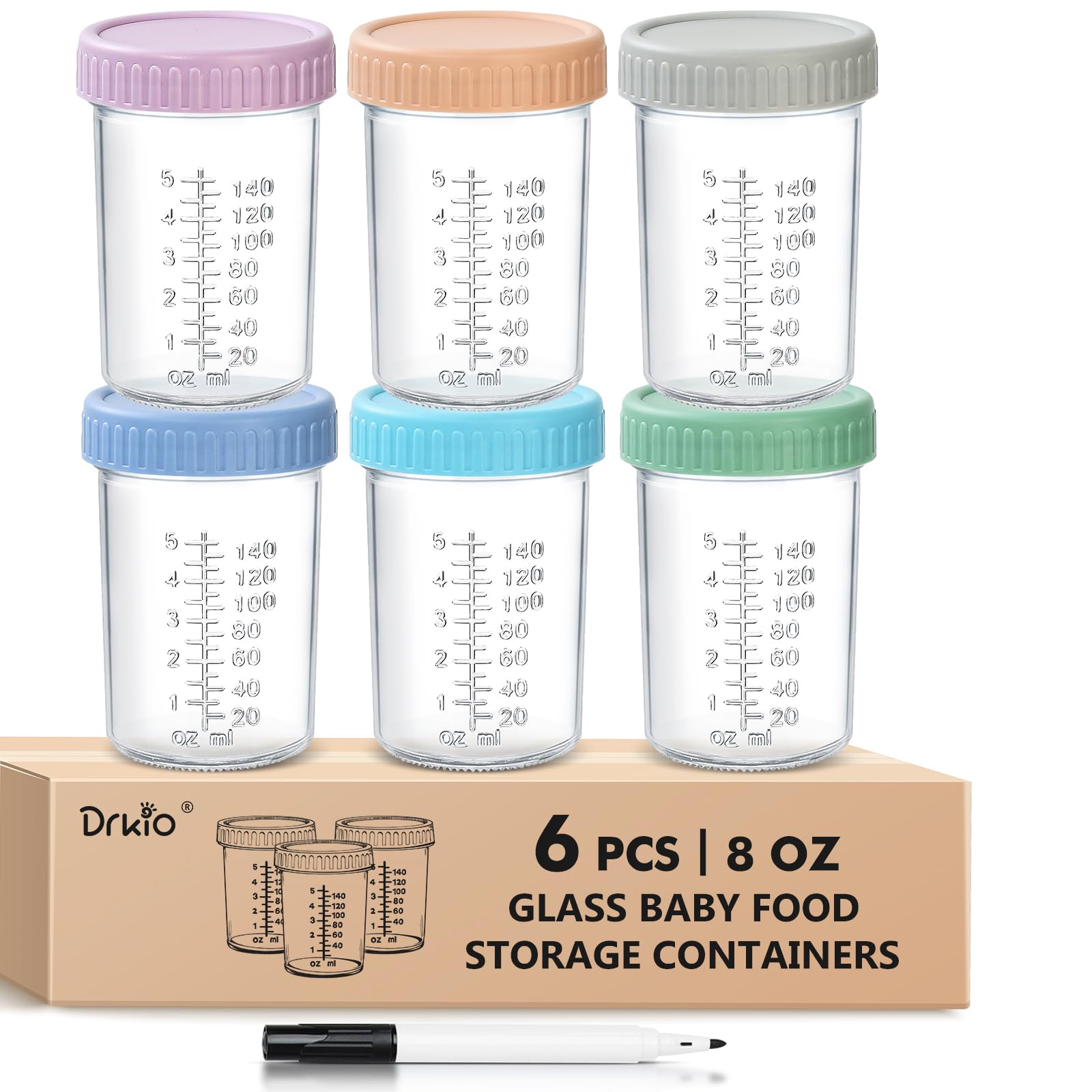 DRKIO glass baby-food container with leakproof lid for safe on-the-go meals.