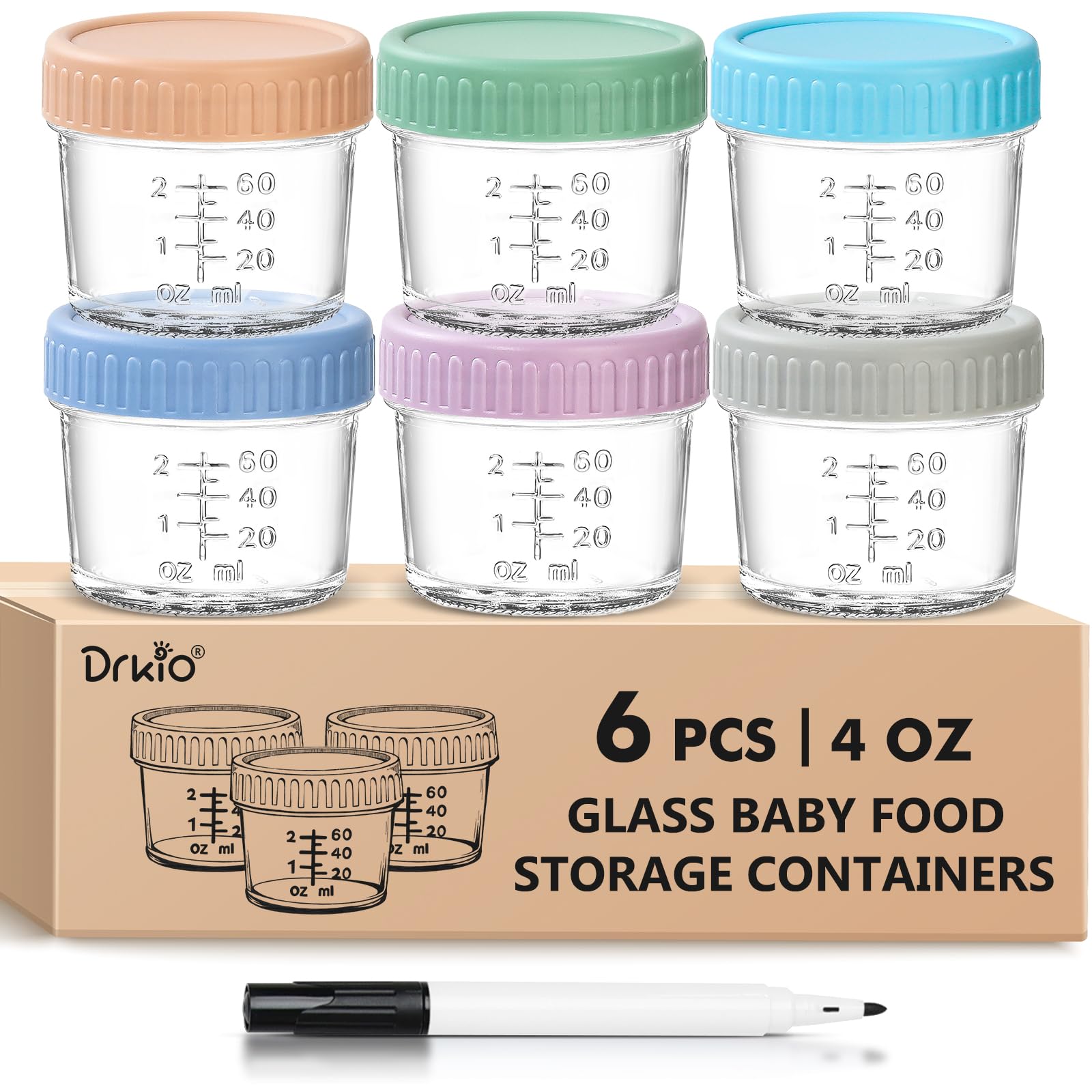 DRKIO glass jar with lids stores 4 oz portions safely.