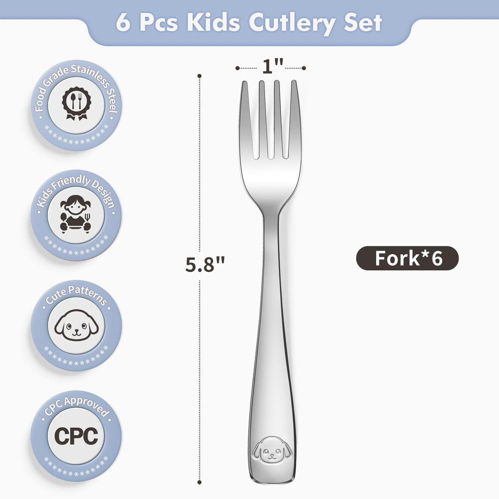 DRKIO 6-piece kid forks with ergonomic handles for tiny grips.