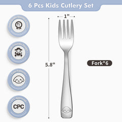 DRKIO 6-piece kid forks with ergonomic handles for tiny grips.