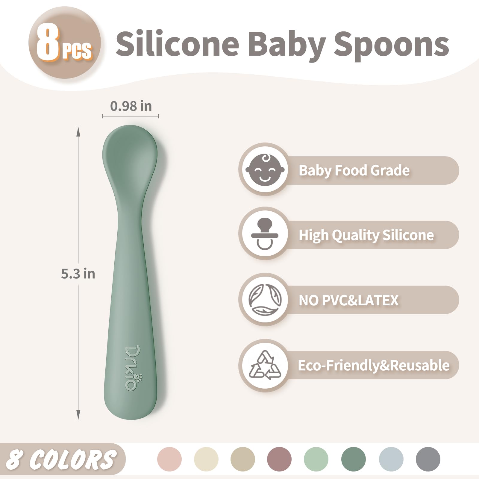 DRKIO soft-tip spoons with ergonomic handles promote confident self-feeding.