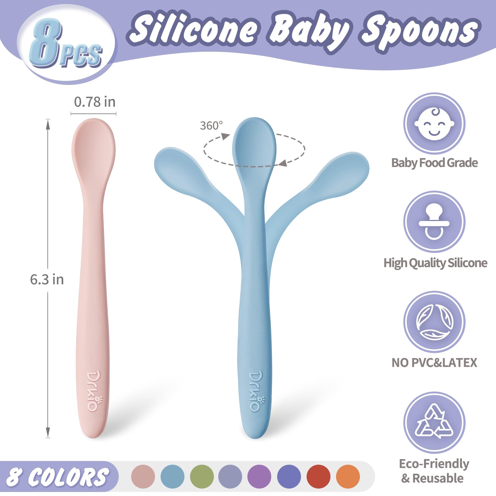 DRKIO soft-tip silicone spoon close-up showing gentle surface for delicate gums.