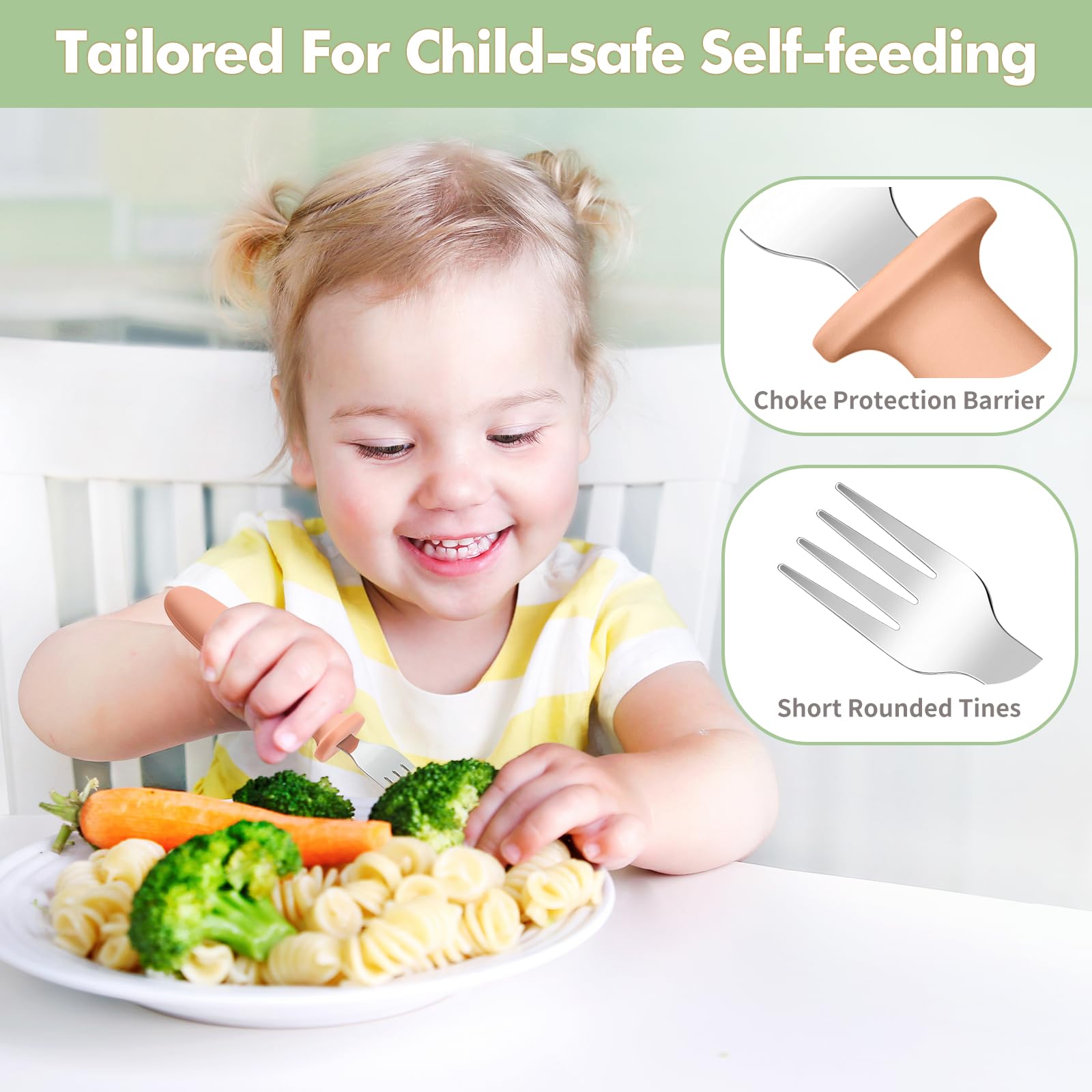 DRKIO choke safety barrier on toddler forks helps prevent deep insertion during meals