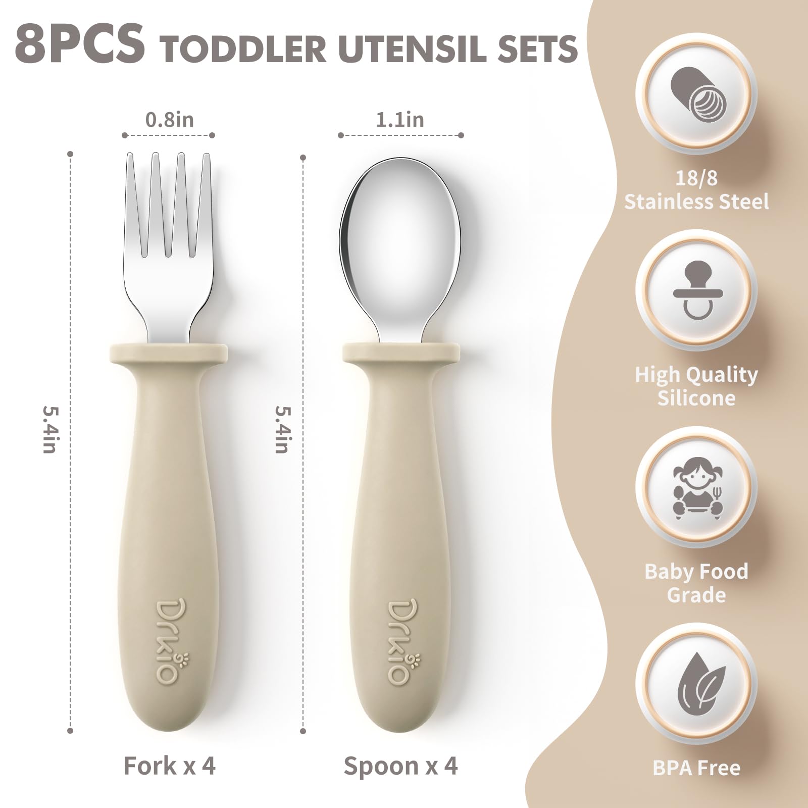 DRKIO forks and spoons in 18/8 stainless steel, dishwasher-safe for quick cleanup.