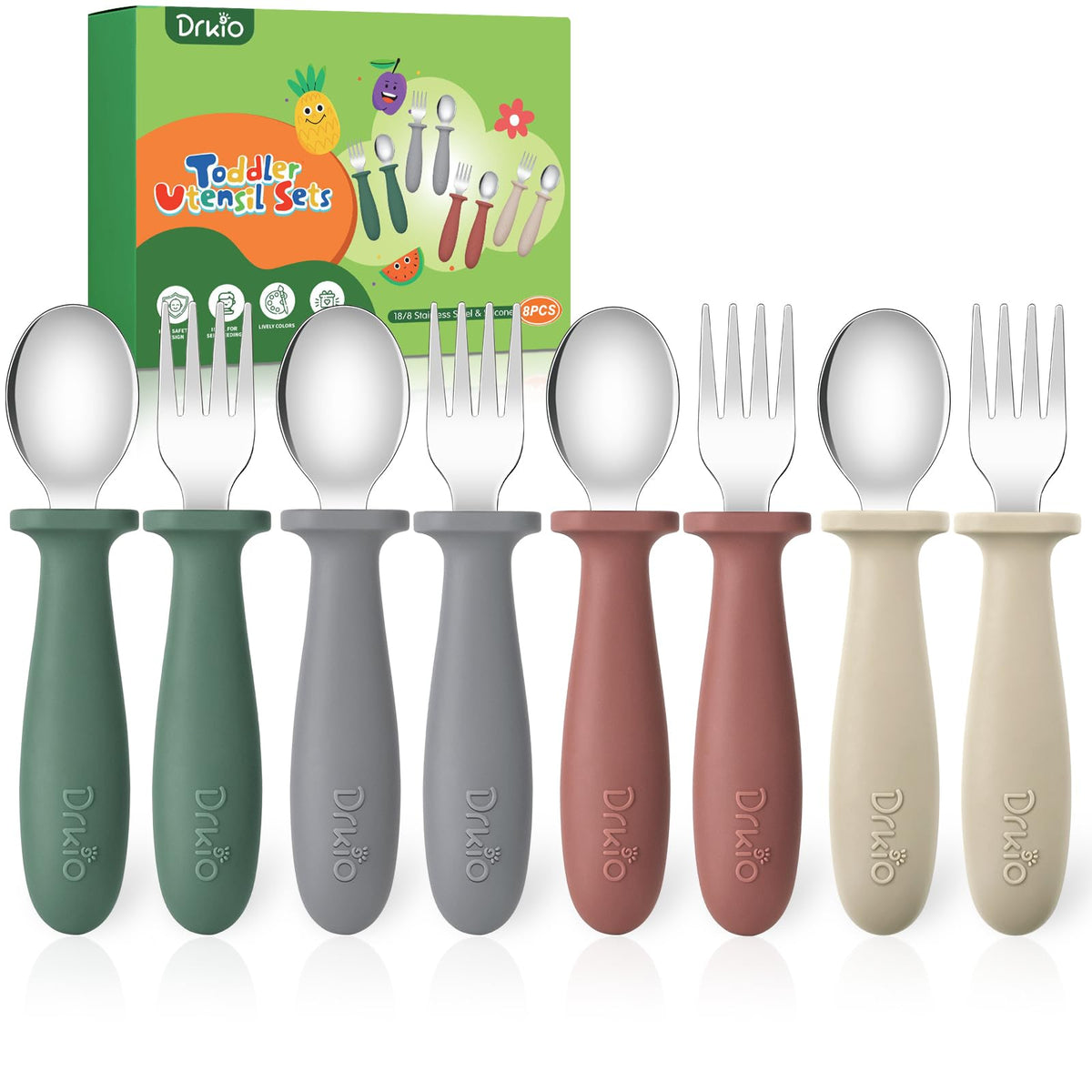 DRKIO toddler utensils in four bright colors with easy-grip silicone handles for self-feeding.