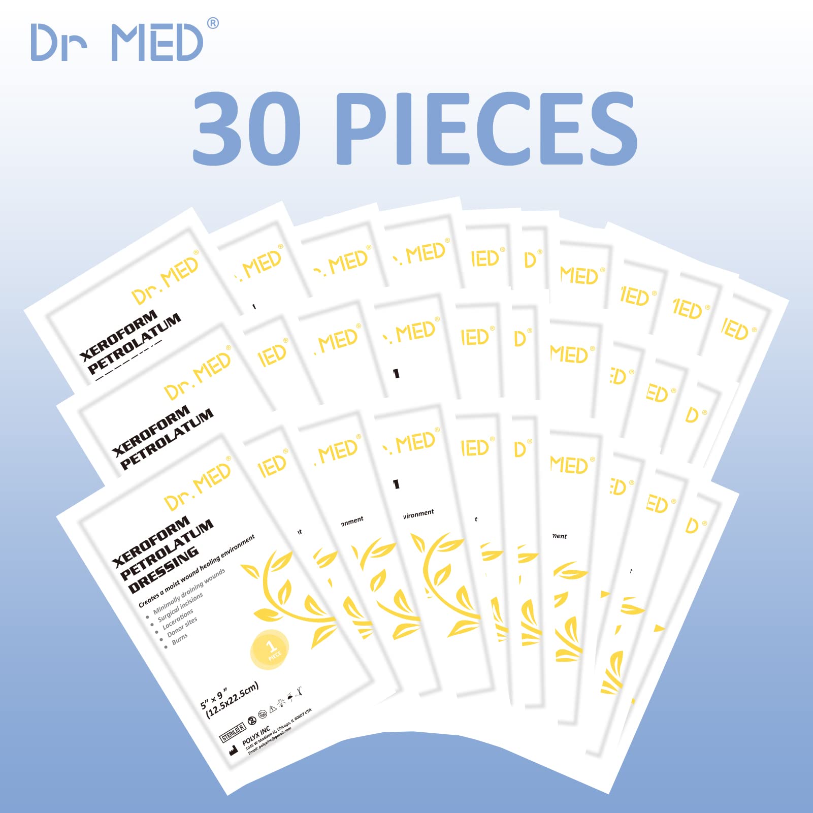 Dr. Med Xeroform petrolatum gauze packaging emphasizes safety and cleanliness with individual wraps.