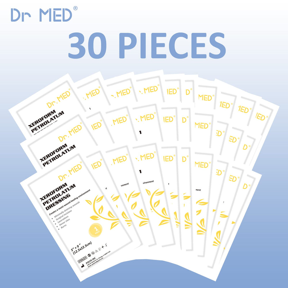Dr. Med Xeroform petrolatum gauze packaging emphasizes safety and cleanliness with individual wraps.