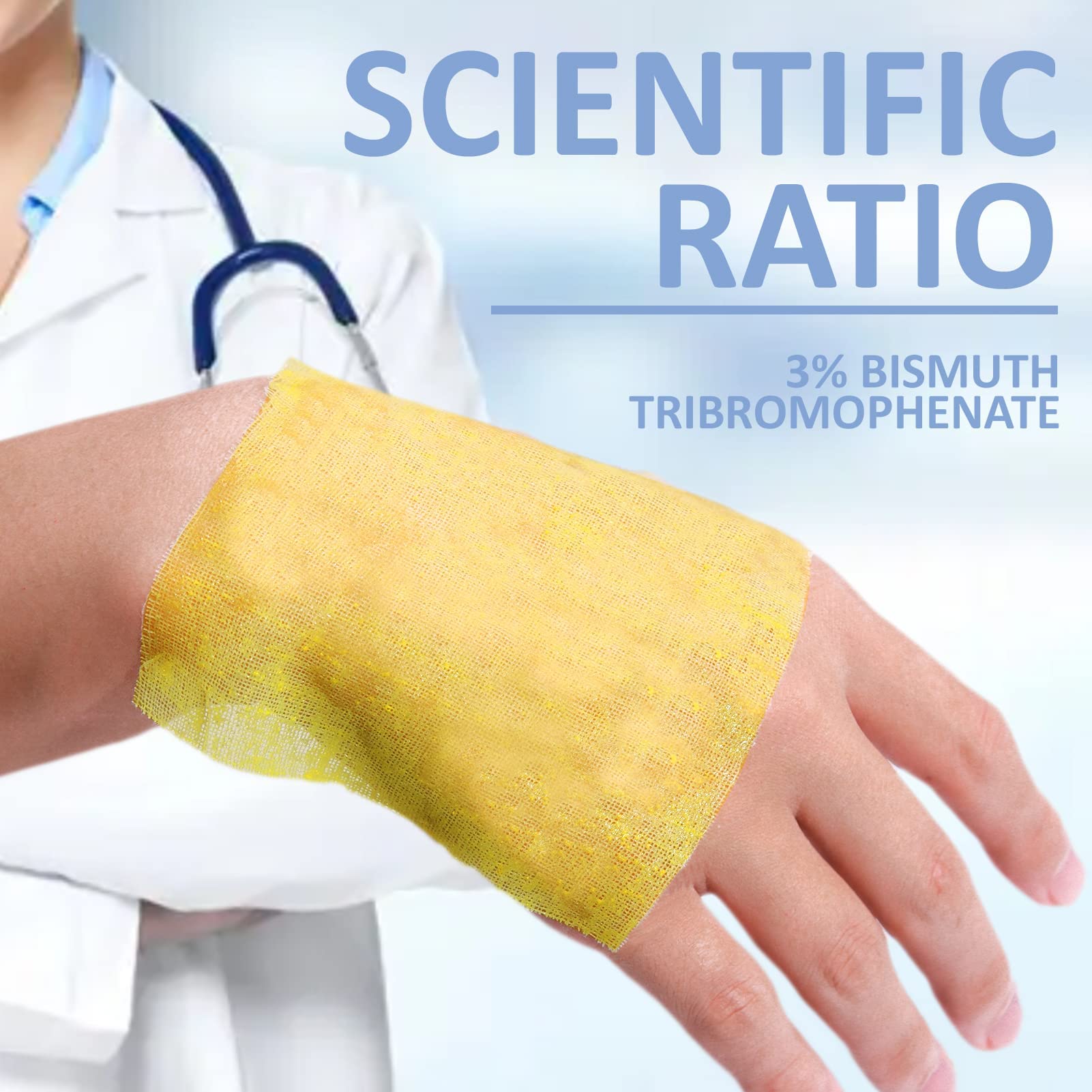 Dr. Med Xeroform dressing close-up shows non-adherent surface to reduce trauma during changes.