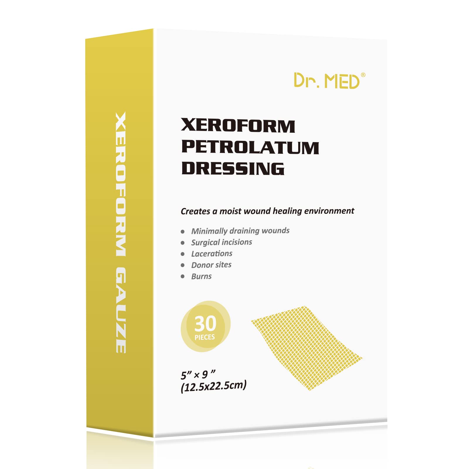 Dr. Med Xeroform petrolatum dressing box showing 5x9 inch packs for wound care.