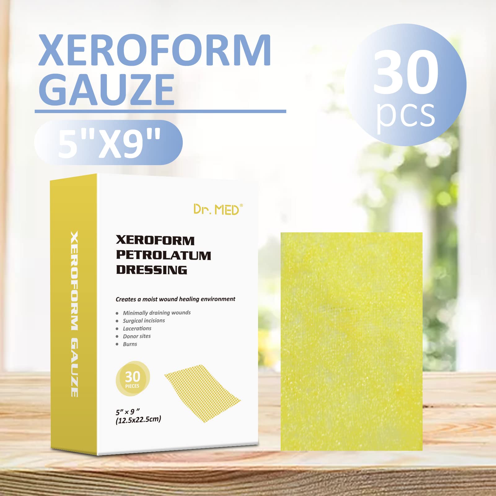 Dr. Med Xeroform petrolatum dressing open pack highlights sterile, individually wrapped gauze for cleanliness.