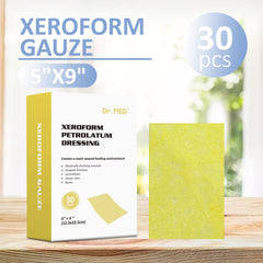 Dr. Med Xeroform petrolatum dressing open pack highlights sterile, individually wrapped gauze for cleanliness.