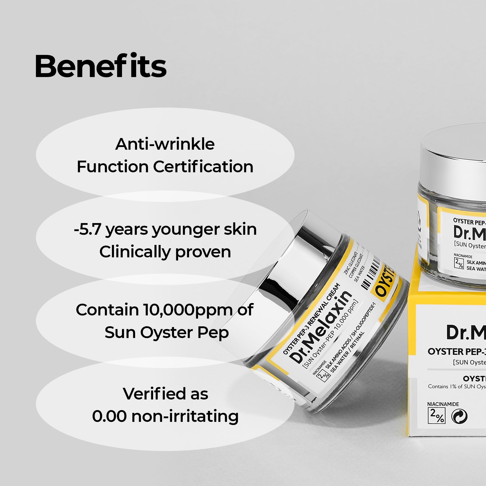 Dr.Melaxin Oyster Pep3 Renewal Cream ingredients panel with zinc.