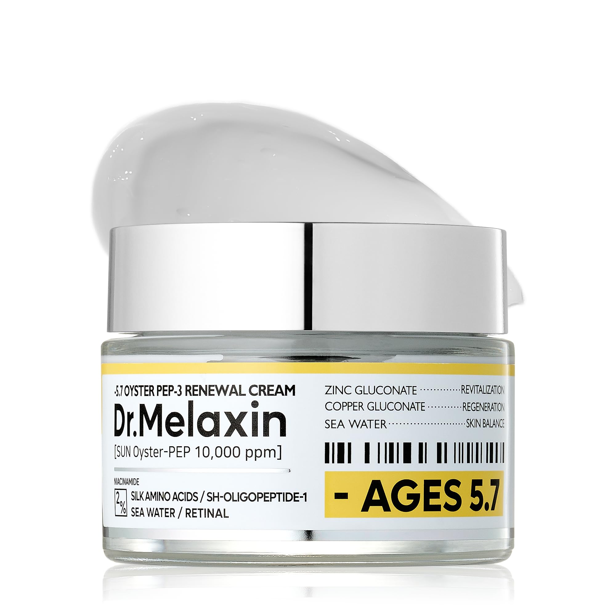 Dr.Melaxin Oyster Pep3 Renewal Cream jar closeup for daily hydration.