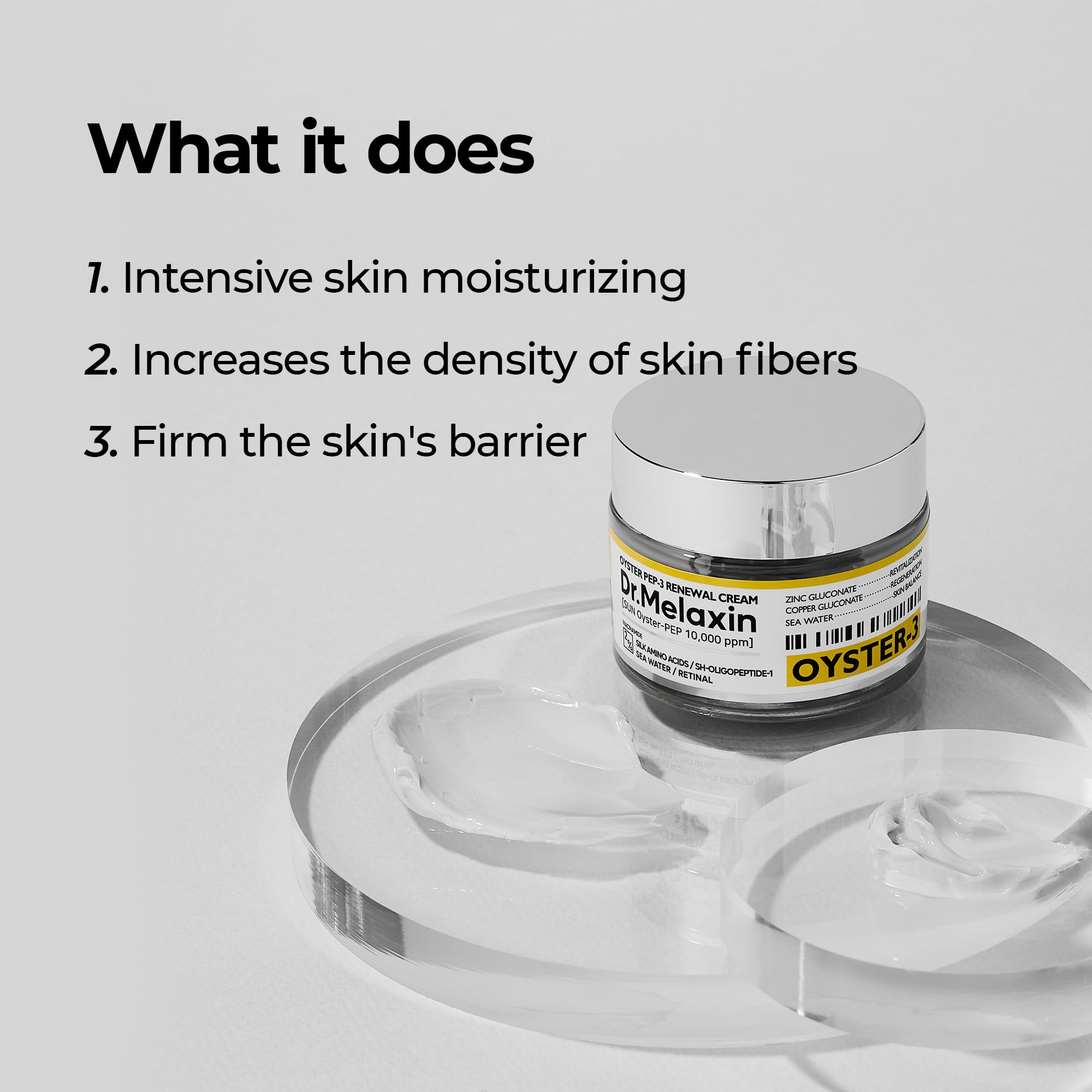 Dr.Melaxin Oyster Pep3 Renewal Cream packaging on shelf premium skincare.