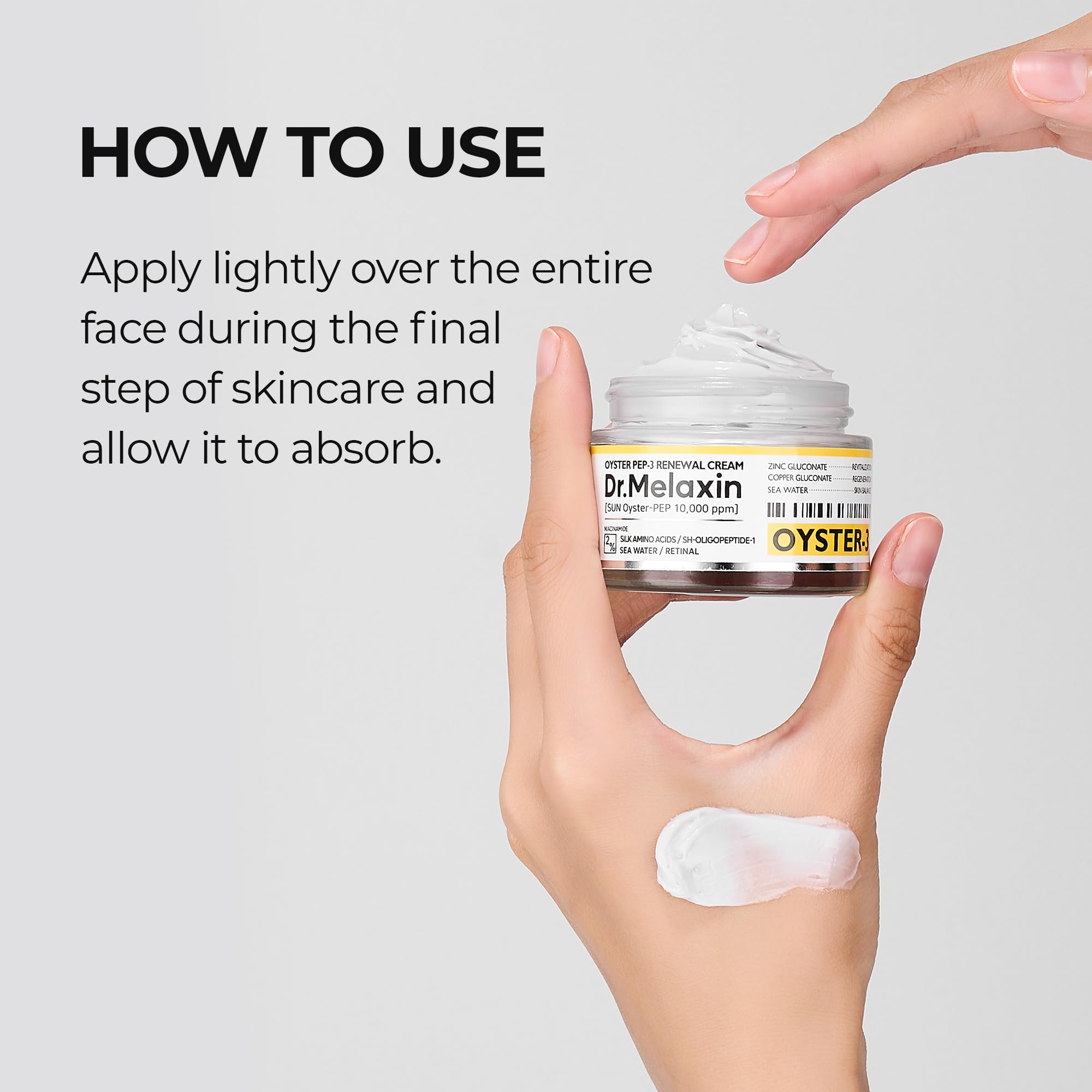 Dr.Melaxin Oyster Pep3 Renewal Cream silk-like texture closeup.