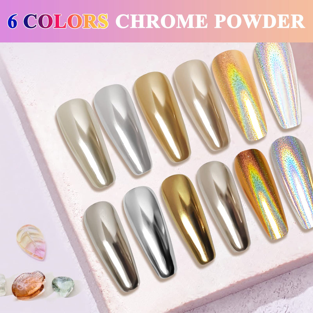DRMODE chrome powder applied on UV gel nails for a glossy finish