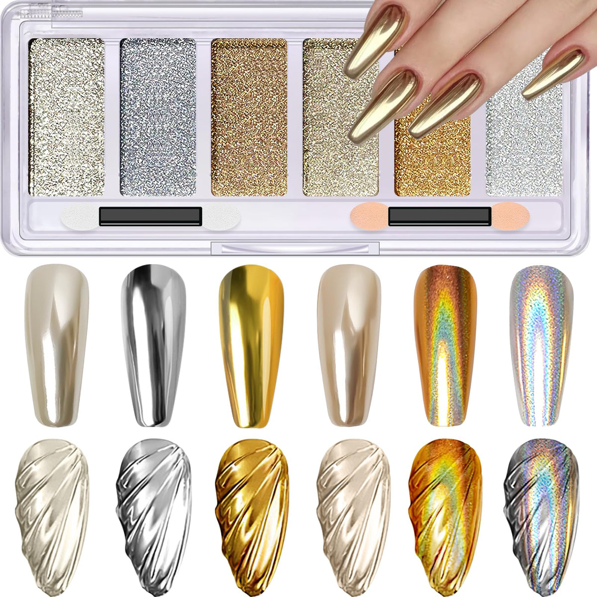DRMODE Gold Silver Chrome Powder palette opened showing six colors for nail art