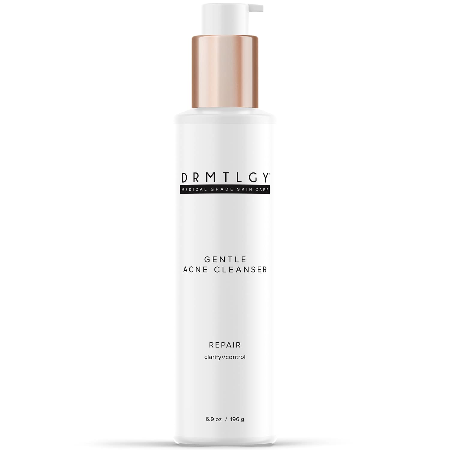DRMTLGY Acne Cleanser bottle close-up showing an oil-free formula for clearer skin.