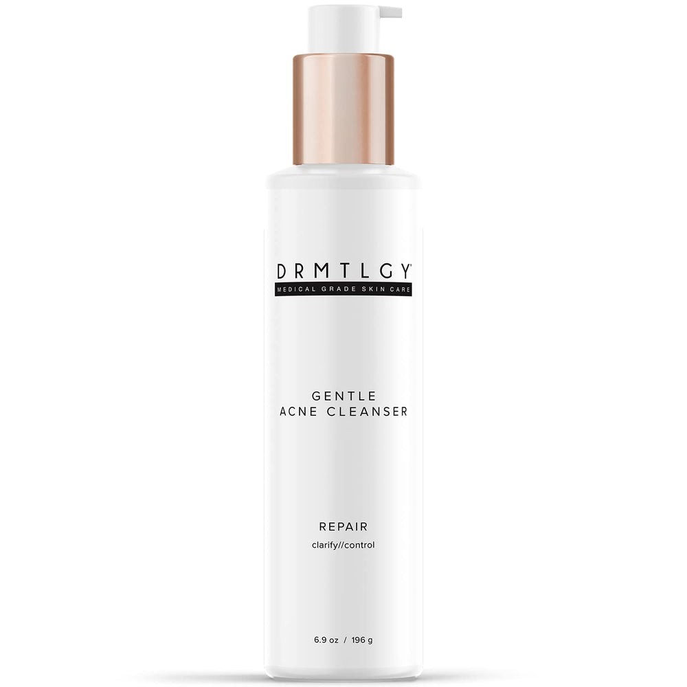 DRMTLGY Acne Cleanser bottle close-up showing an oil-free formula for clearer skin.