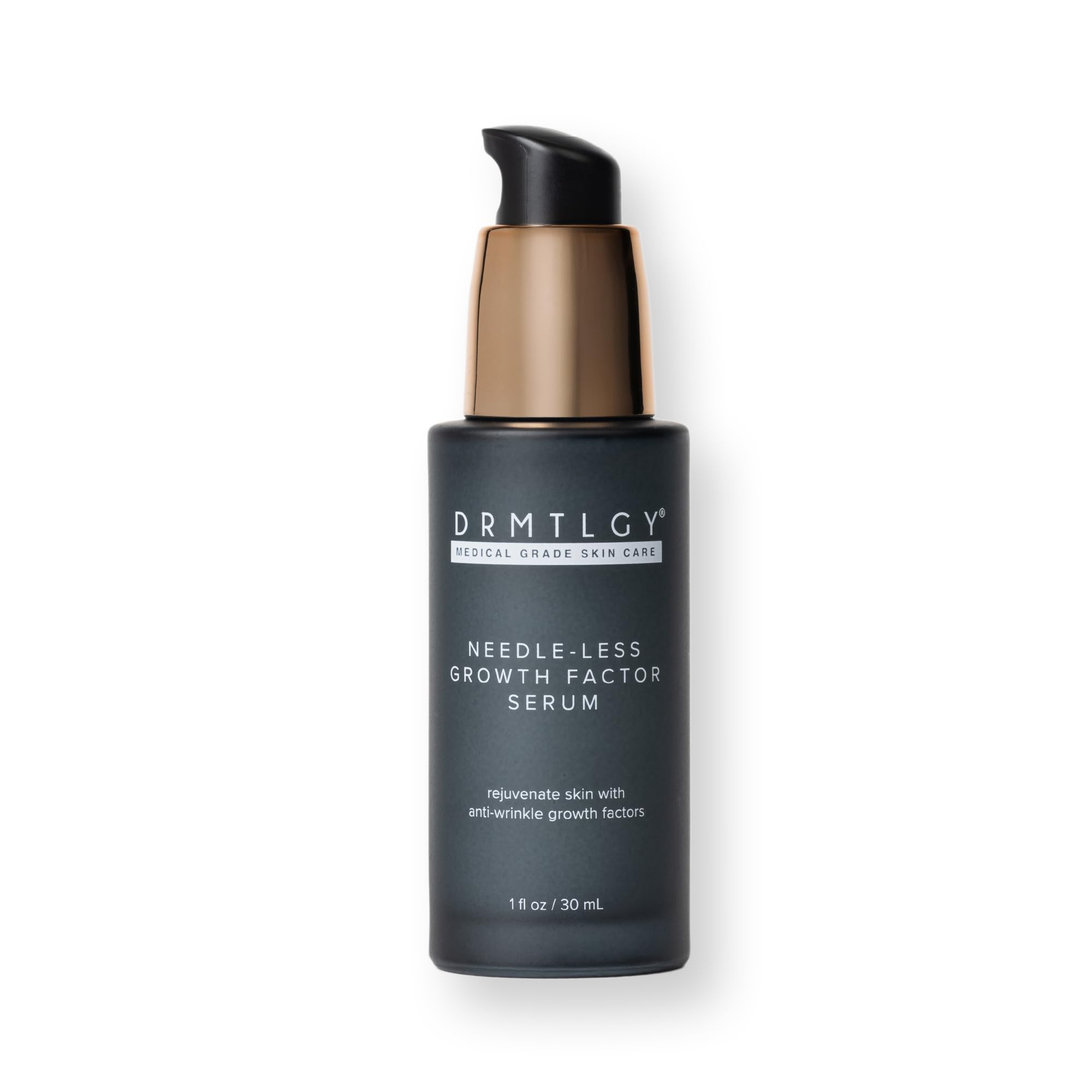 DRMTLGY growth-factor serum bottle highlights hydration and subtle firming benefits.