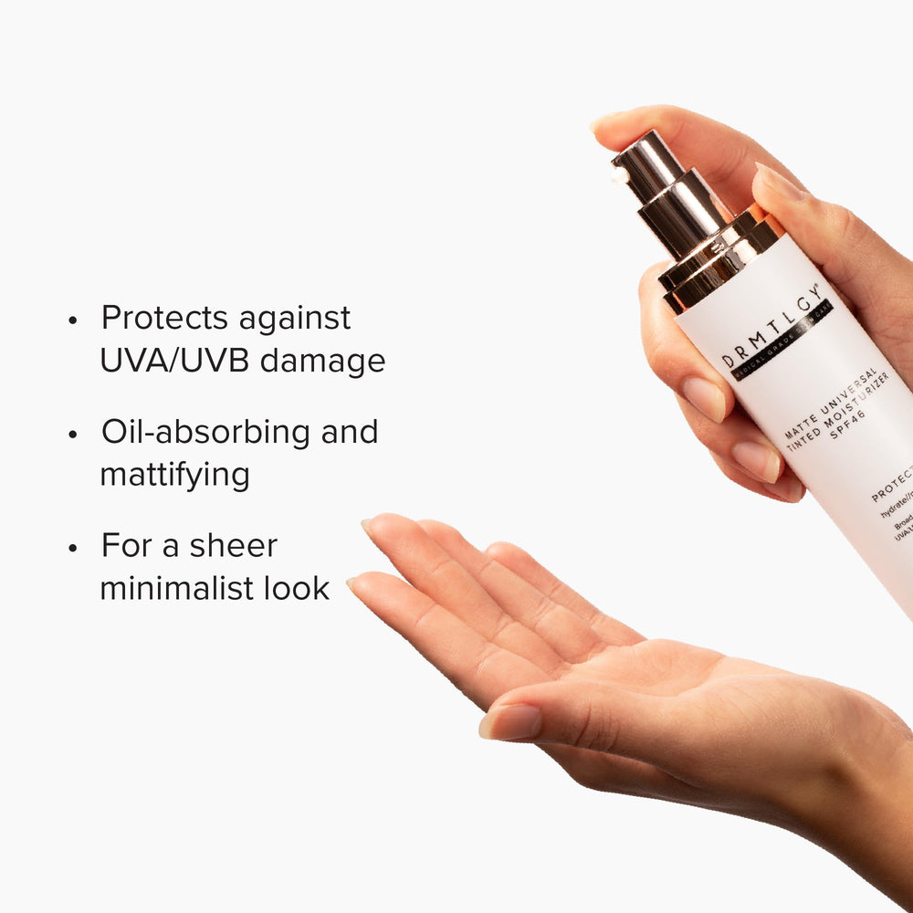 DRMTLGY Matte Universal Tinted Moisturizer on skin demonstrates seamless shade match and breathability.