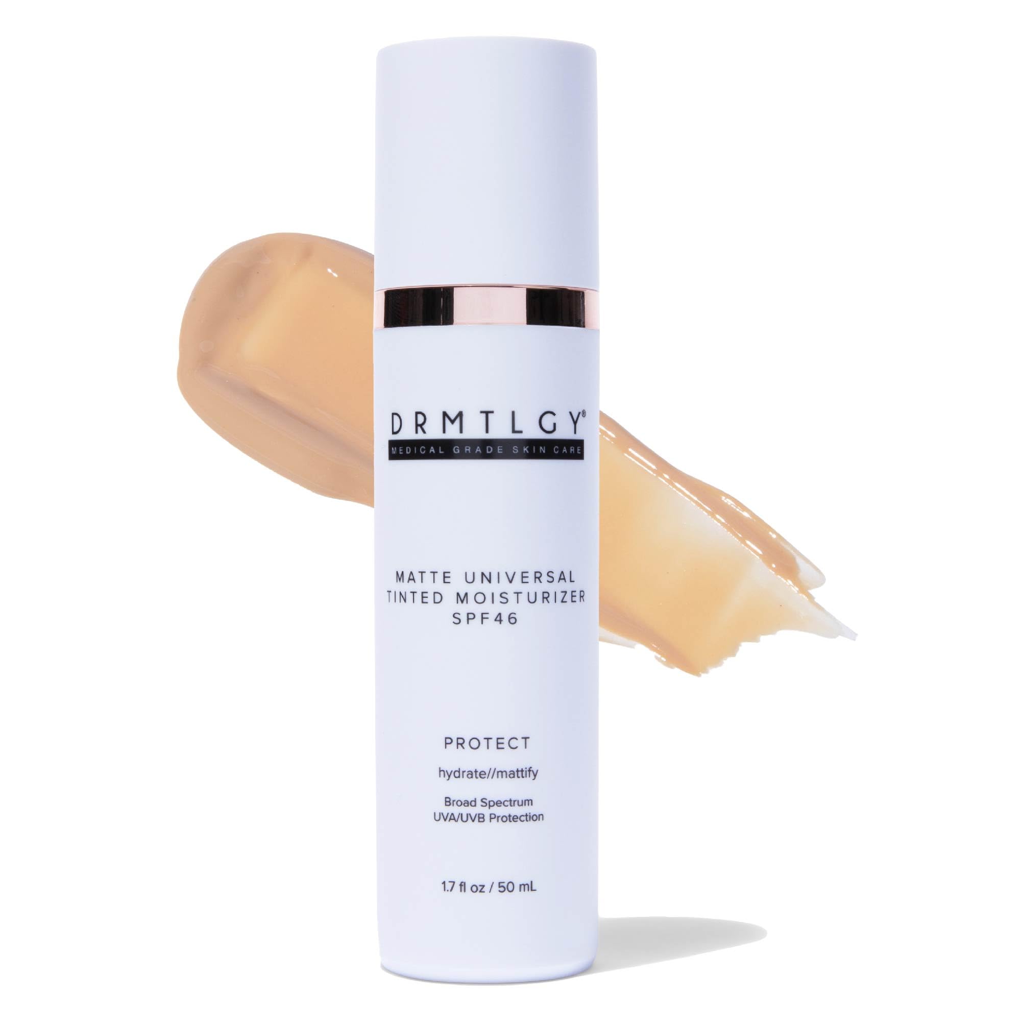 DRMTLGY Matte Universal Tinted Moisturizer SPF 46 bottle with pump for quick daily application.