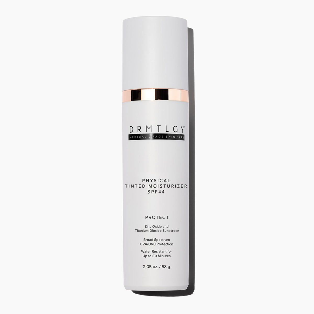 DRMTLGY bottle with universal tint delivers natural glow and lightweight protection for all skin tones.