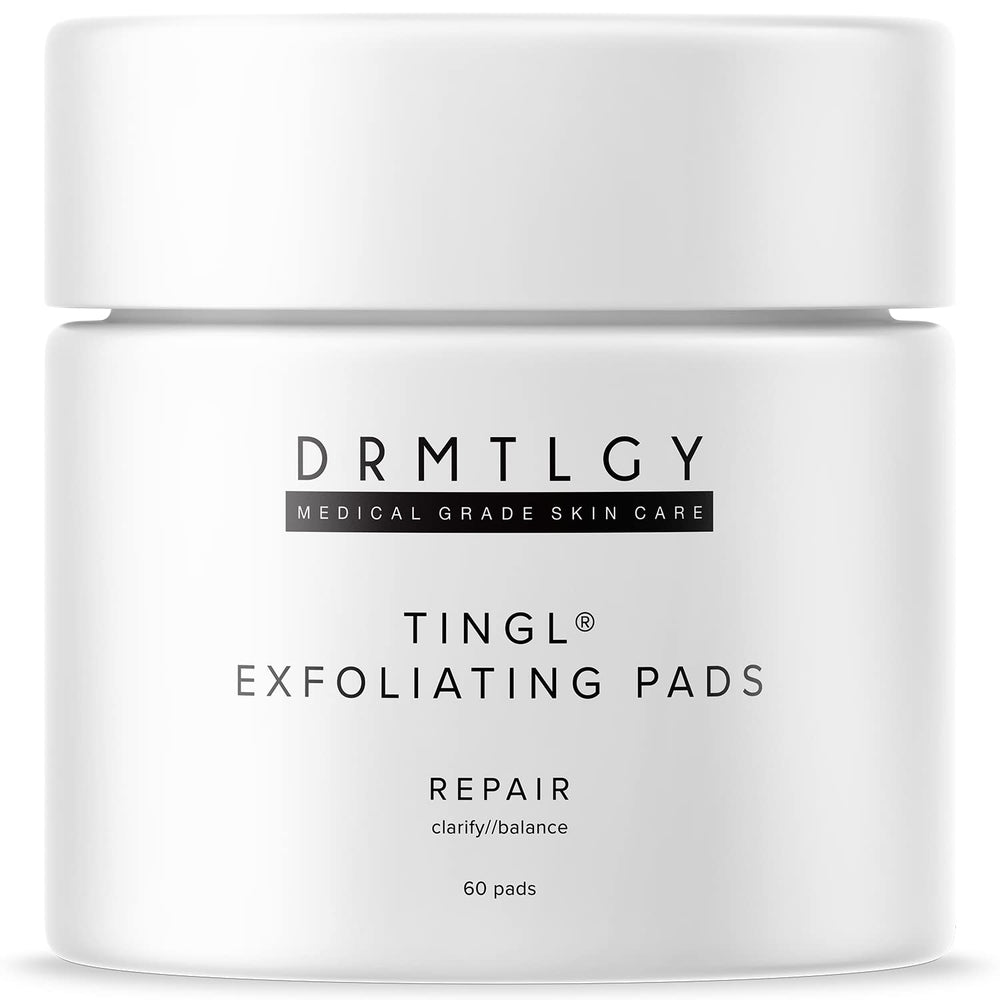 DRMTLGY Tingl Exfoliating Pads packaging shows a premium formula for radiant skin.