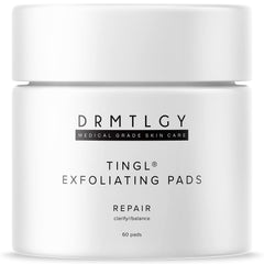 DRMTLGY Tingl Exfoliating Pads packaging shows a premium formula for radiant skin.