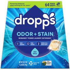 Dropps odor and stain pods in Crisp Breeze box delivering a powerful clean.