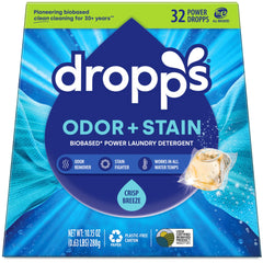 Dropps Odor & Stain Pods Crisp Breeze pack front ready for powerful freshness.