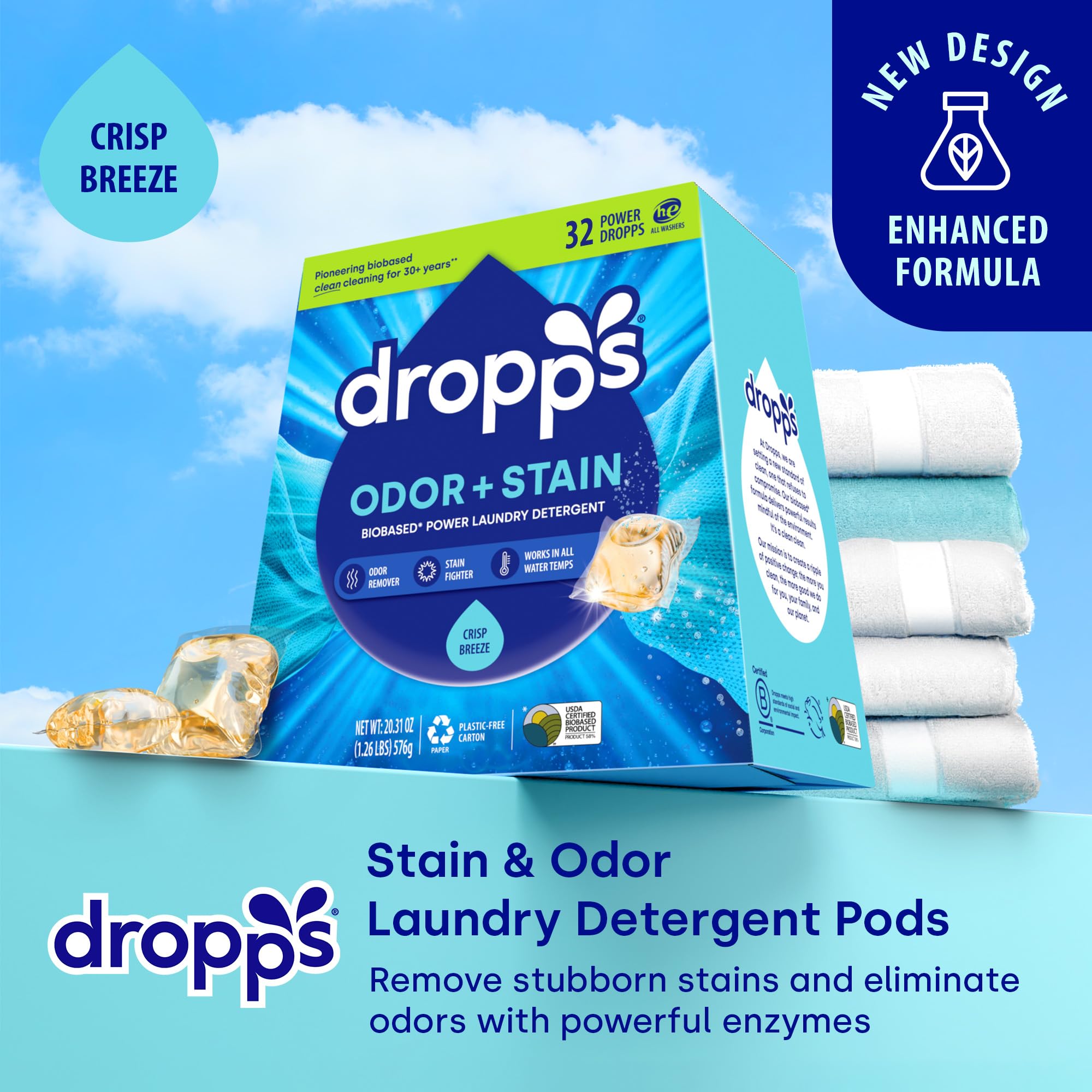 Dropps Power Dropps enzyme pods closeup highlighting stain-fighting enzymes.