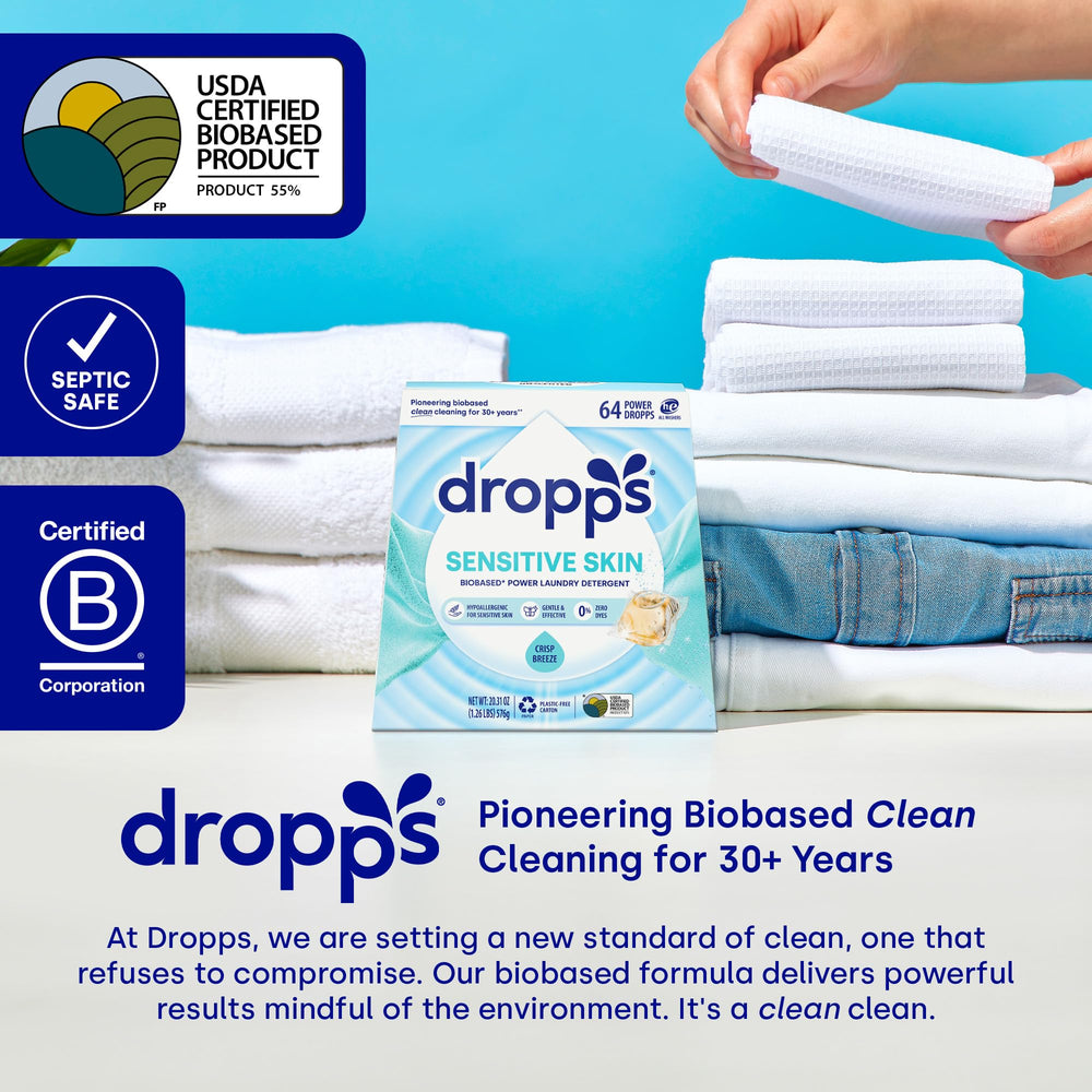 Dropps Sensitive Skin Pods Crisp Breeze biobased formula highlights sustainability