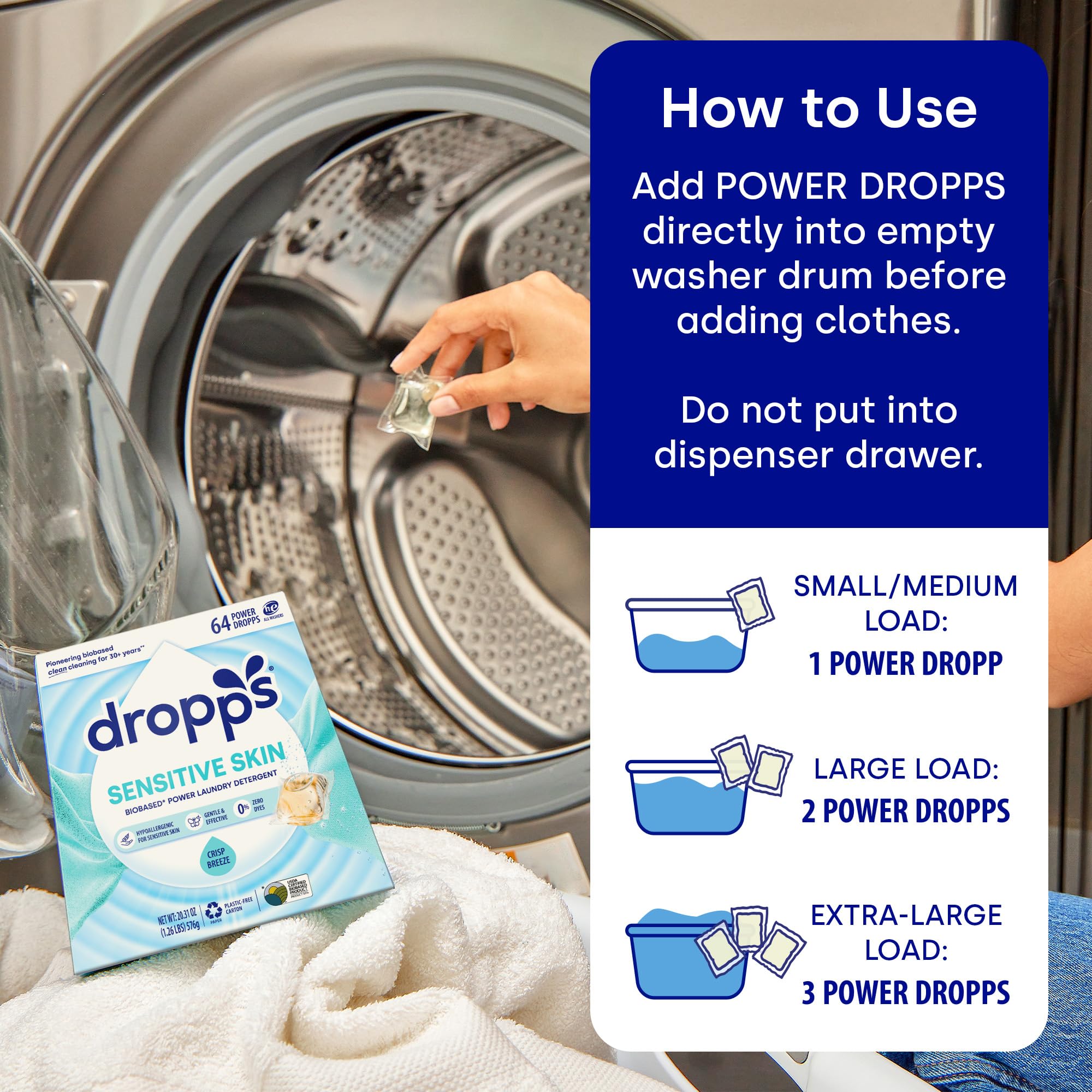 Dropps Sensitive Skin Pods Crisp Breeze in-use scene on delicate fabrics care